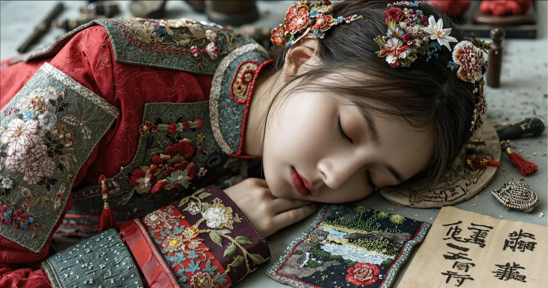 3k秀禾服少女壁纸｜古风休憩背景图片 - 中式刺绣佳人「哲风壁纸」
