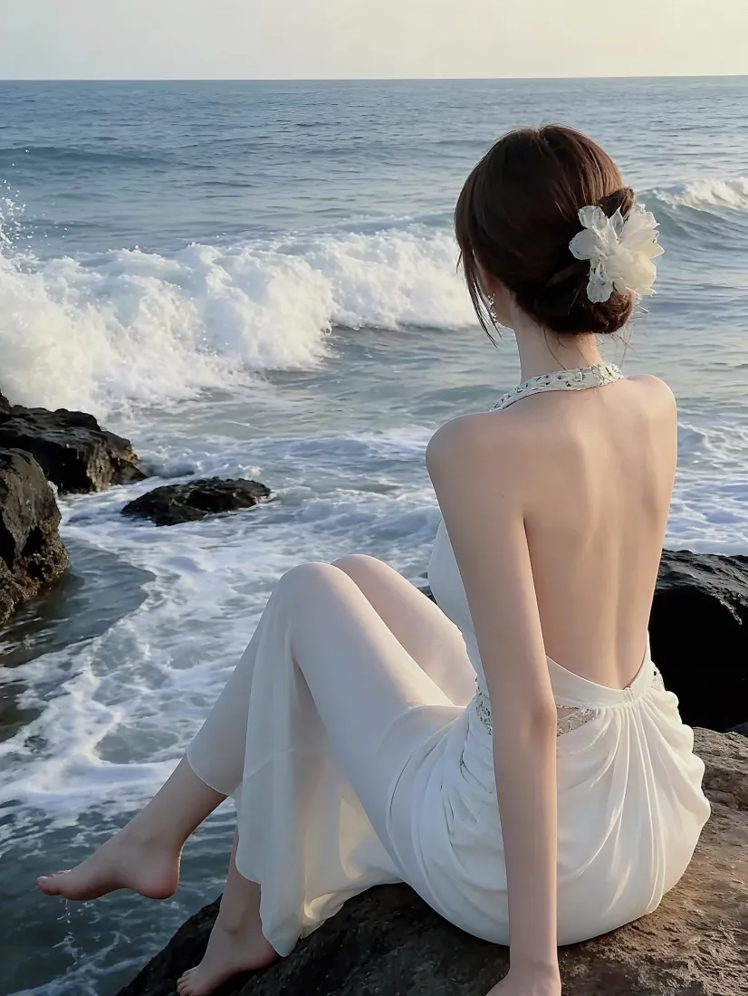 海边露背美女手机壁纸｜海岸礁石海浪背景图片 - 清新氛围感「哲风壁纸」
