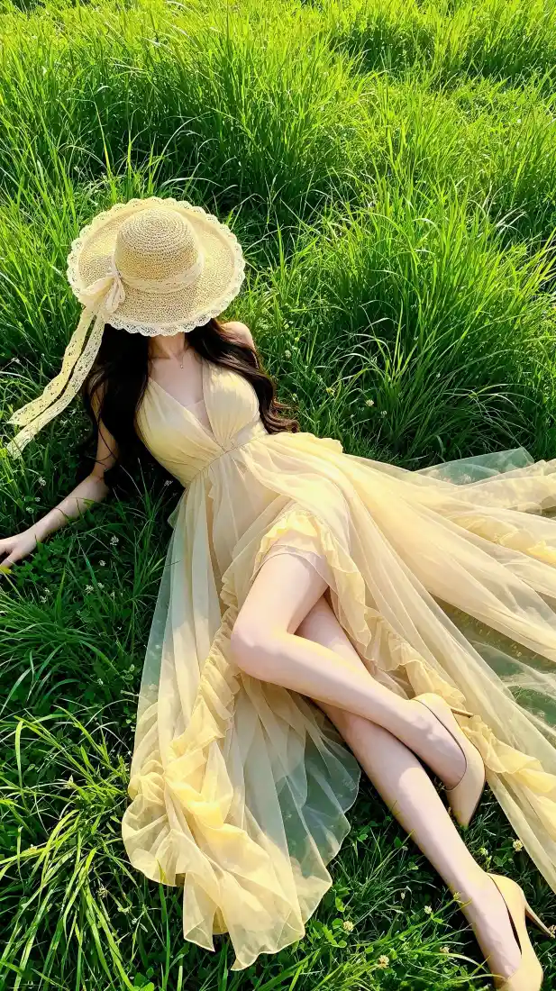 黄裙草帽少女手机壁纸｜绿色草地背景图片 - 清新户外写真「哲风壁纸」