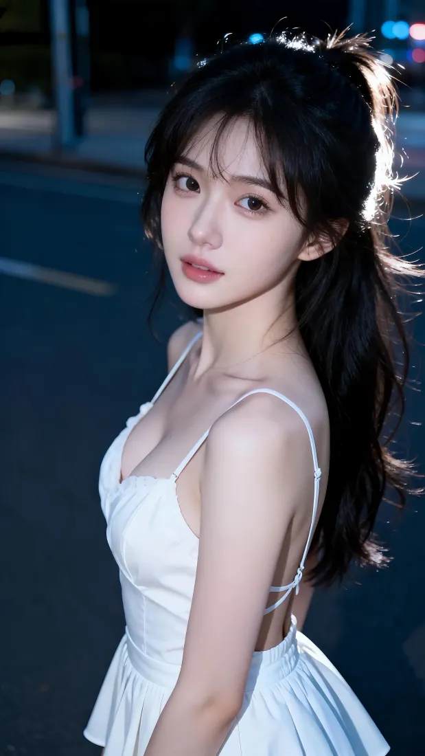 高马尾美女手机壁纸｜城市夜景背景图片 - 白色吊带裙氛围感写真「哲风壁纸」