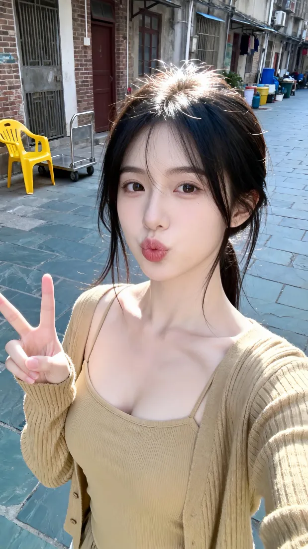 清纯美女手机壁纸｜老街道背景图片 - 比耶自拍「哲风壁纸」