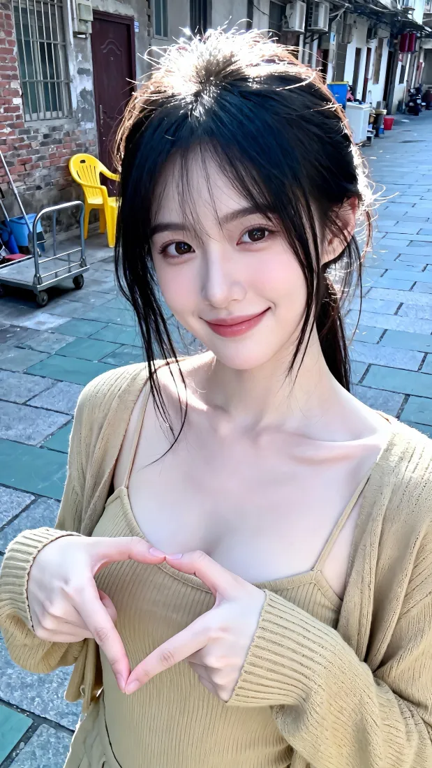 甜美少女手机壁纸｜古街老巷背景图片 - 温柔比心写真「哲风壁纸」