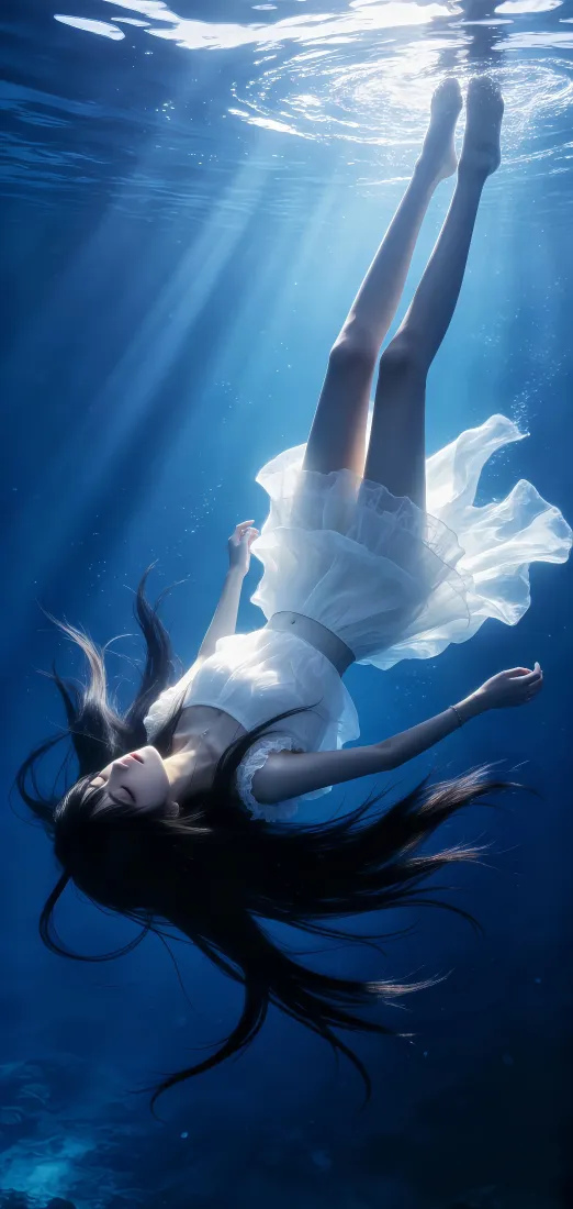 白裙长发少女手机壁纸｜水下光影背景图片 - 治愈氛围感「哲风壁纸」