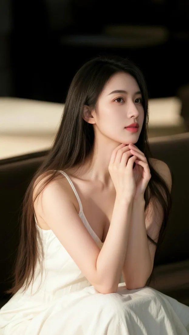 长发美女手机壁纸｜白色吊带裙背景图片 - 暖光氛围感写真「哲风壁纸」