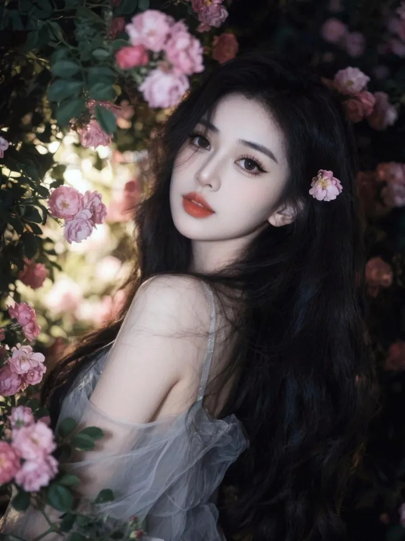 卷发美女手机壁纸｜蔷薇花丛背景图片 - 纯欲氛围感写真「哲风壁纸」