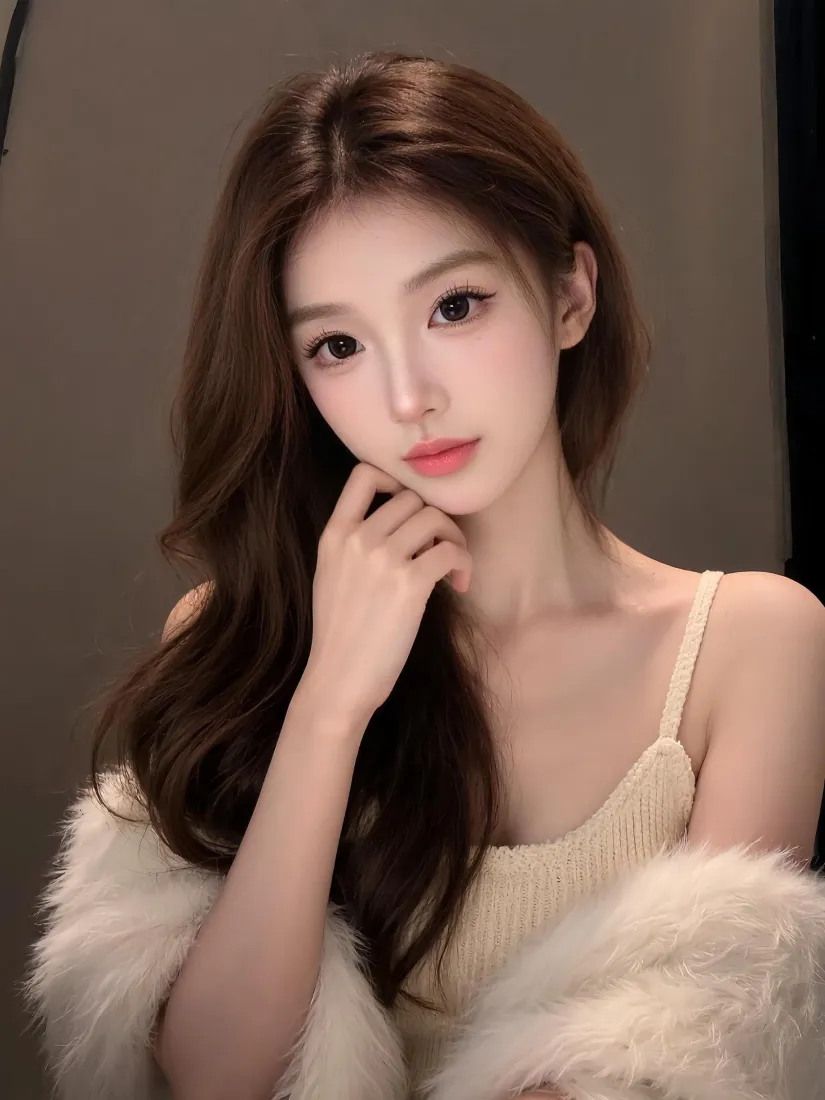 纯欲少女手机壁纸｜米白吊带皮草背景图片 - 氛围感长发美女「哲风壁纸」