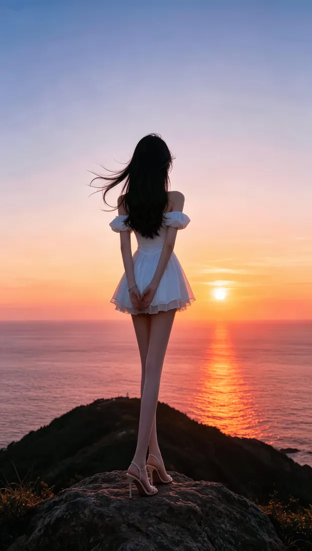 海边白裙少女手机壁纸｜日落礁石背景图片 - 氛围感背影写真「哲风壁纸」
