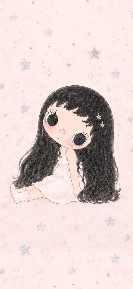 可爱长发女孩手机壁纸｜粉色星星背景图片 - 治愈手绘插画「哲风壁纸」