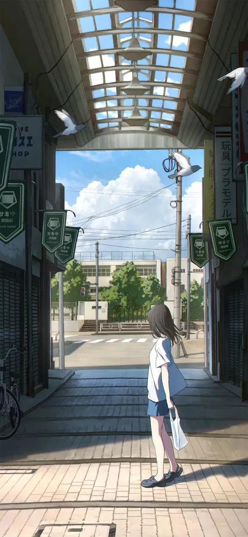 插画小女孩手机壁纸｜日系街道蓝天背景图片 - 清新治愈「哲风壁纸」