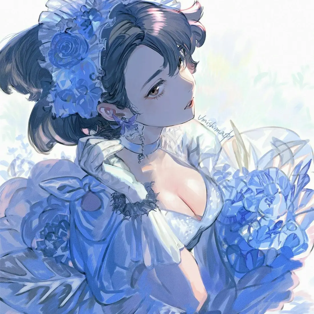 蓝裙漫画少女手机壁纸｜蓝玫瑰装饰背景图片 - 优雅二次元人物「哲风壁纸」