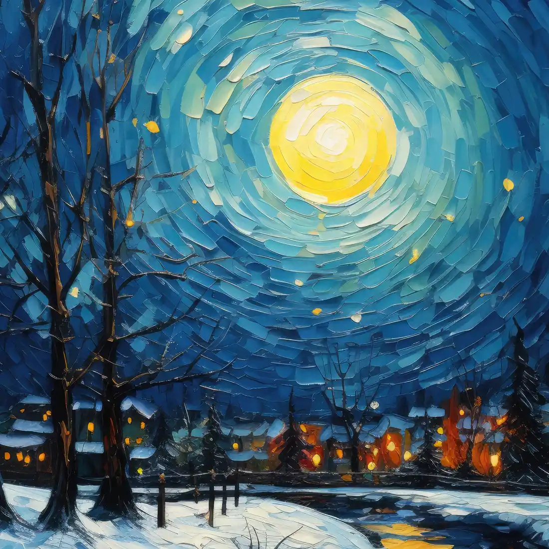 梵高风格手机壁纸｜冬夜雪景背景图片 - 月夜艺术油画「哲风壁纸」