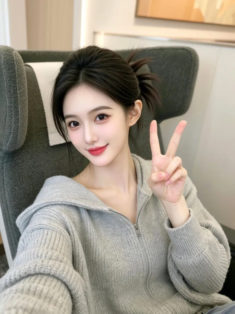美女手机壁纸｜灰色针织连帽衫背景图片 - 甜美比耶自拍「哲风壁纸」
