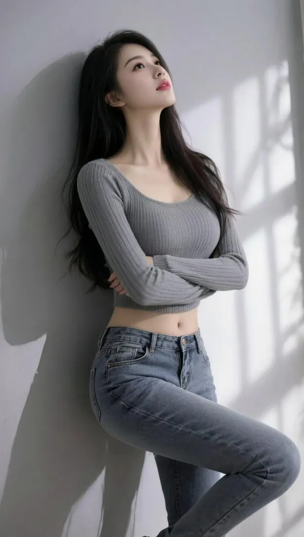 长发美女手机壁纸｜光影白墙背景图片 - 紧身氛围感穿搭「哲风壁纸」