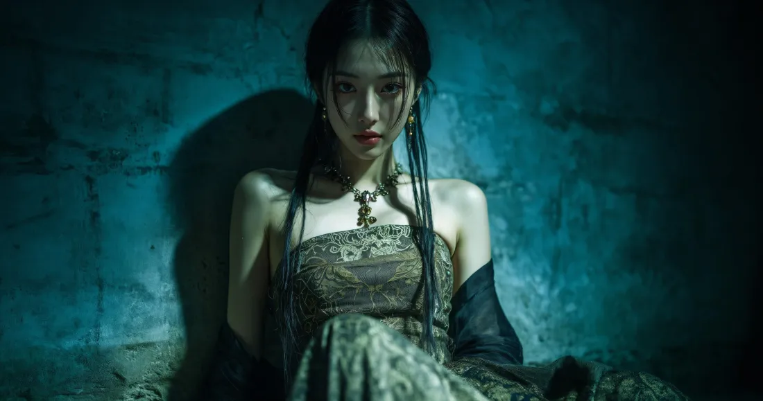 3k古风美女壁纸｜青蓝暗调背景图片 - 氛围感古装写真「哲风壁纸」