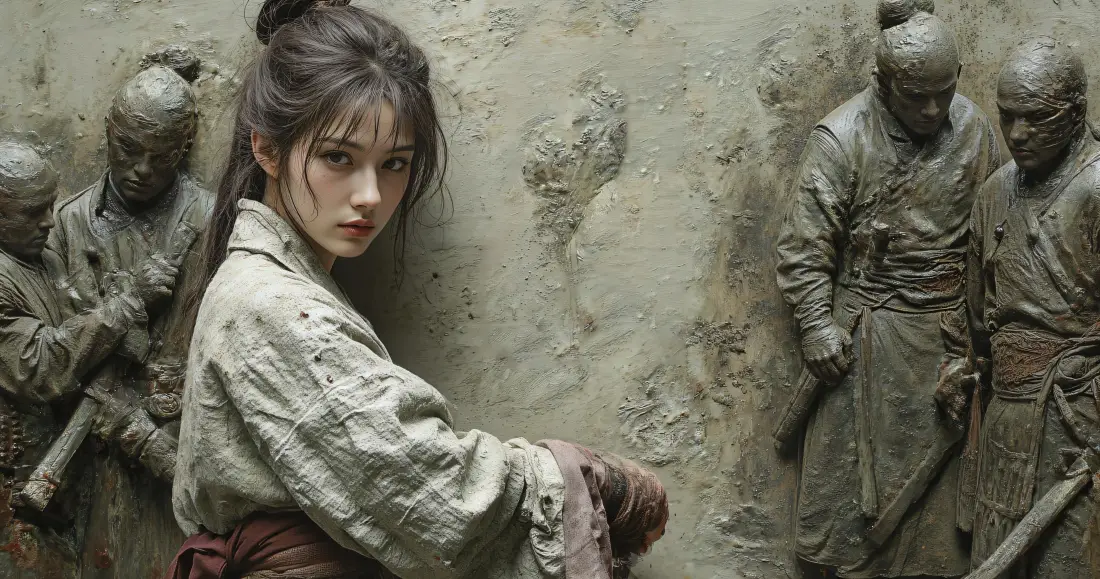 3k古风侠女壁纸｜石墙浮雕背景图片 - 清冷武侠氛围感「哲风壁纸」