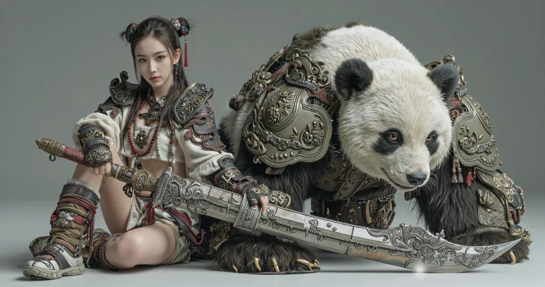 3k古风少女战甲熊猫壁纸｜国风仙侠背景图片 - 高清平板适用「哲风壁纸」