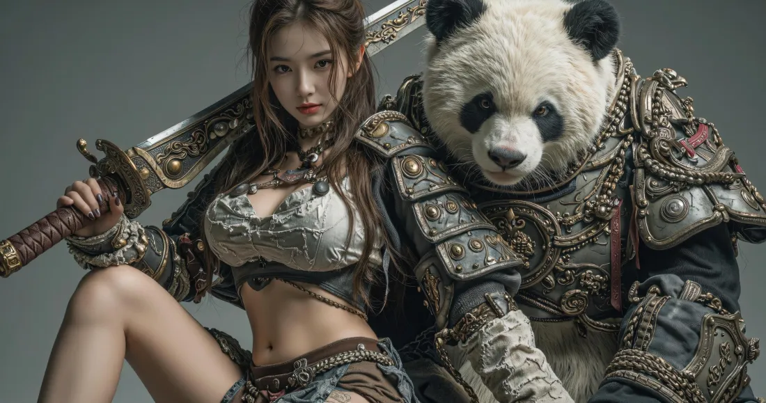 3k女武士与铠甲熊猫壁纸｜国风武侠背景图片 - 创意插画「哲风壁纸」