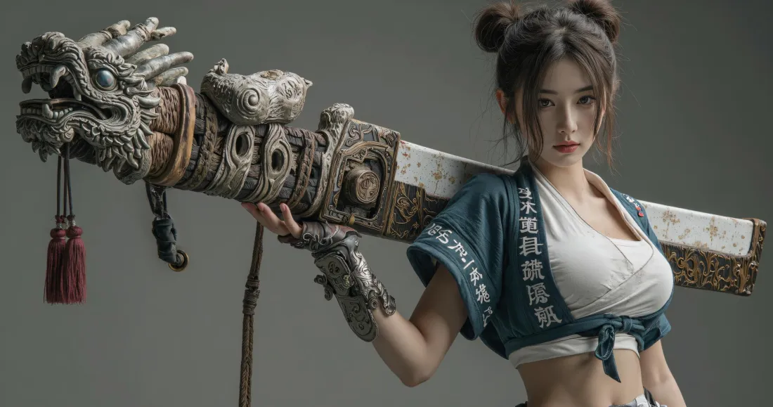 3k国风持剑少女壁纸｜双丸子头劲装背景图片 - 龙首巨剑「哲风壁纸」