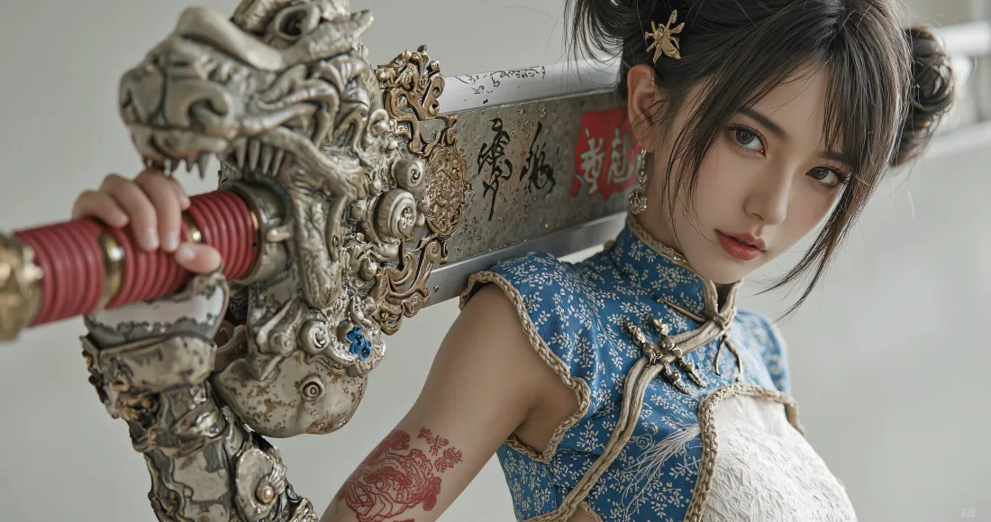 3k永劫无间胡桃壁纸｜龙之道旗袍cos背景图片 - 扛剑国风写真「哲风壁纸」