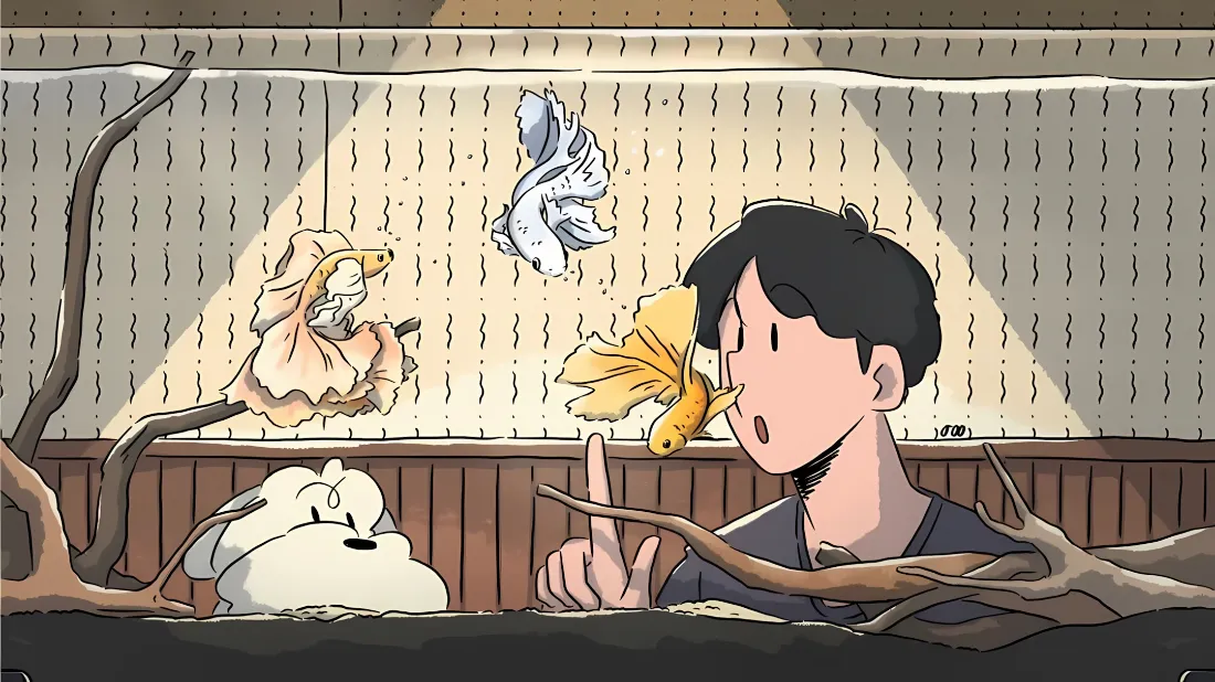 2k治愈系漫画少年壁纸｜室内金鱼宠物背景图片 - 可爱插画「哲风壁纸」