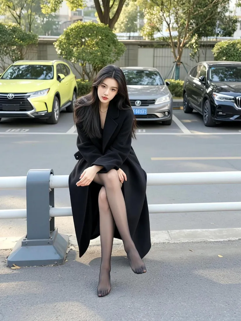 黑丝美女手机壁纸｜户外街拍背景图片 - 黑色大衣穿搭「哲风壁纸」
