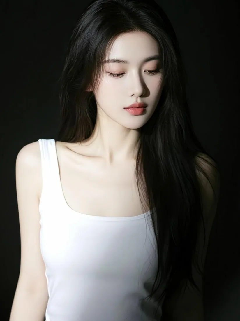 清冷感长发美女手机壁纸｜白色背心背景图片 - 暗调氛围感人像「哲风壁纸」