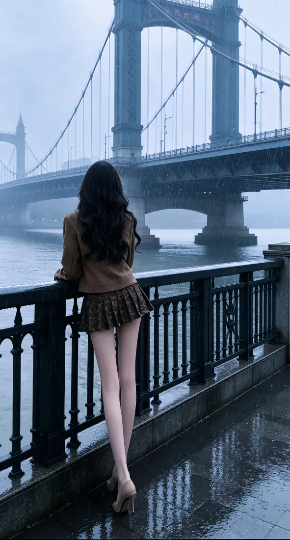 长发美女手机壁纸｜雾天江边大桥背景图片 - 氛围感人像「哲风壁纸」