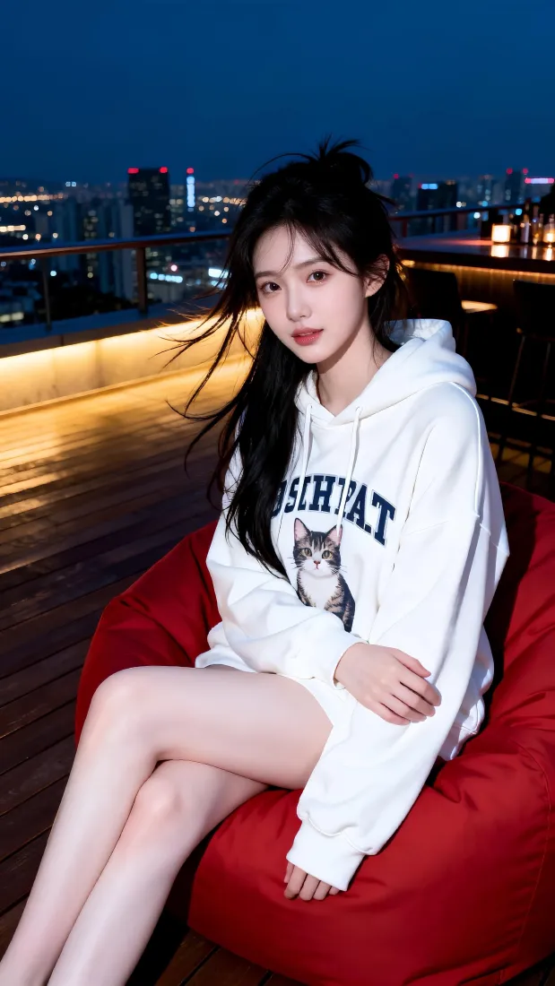 长发美女手机壁纸｜城市天台夜景背景图片 - 白色卫衣休闲穿搭「哲风壁纸」