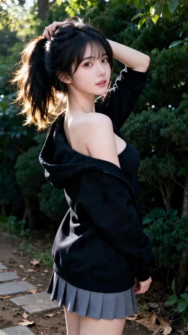 高马尾甜妹手机壁纸｜户外林荫背景图片 - 休闲时尚氛围感写真「哲风壁纸」