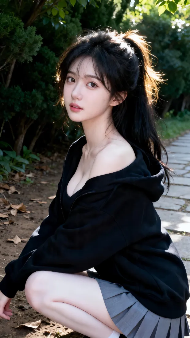 高马尾美女手机壁纸｜林荫小路背景图片 - 户外清爽人像写真「哲风壁纸」