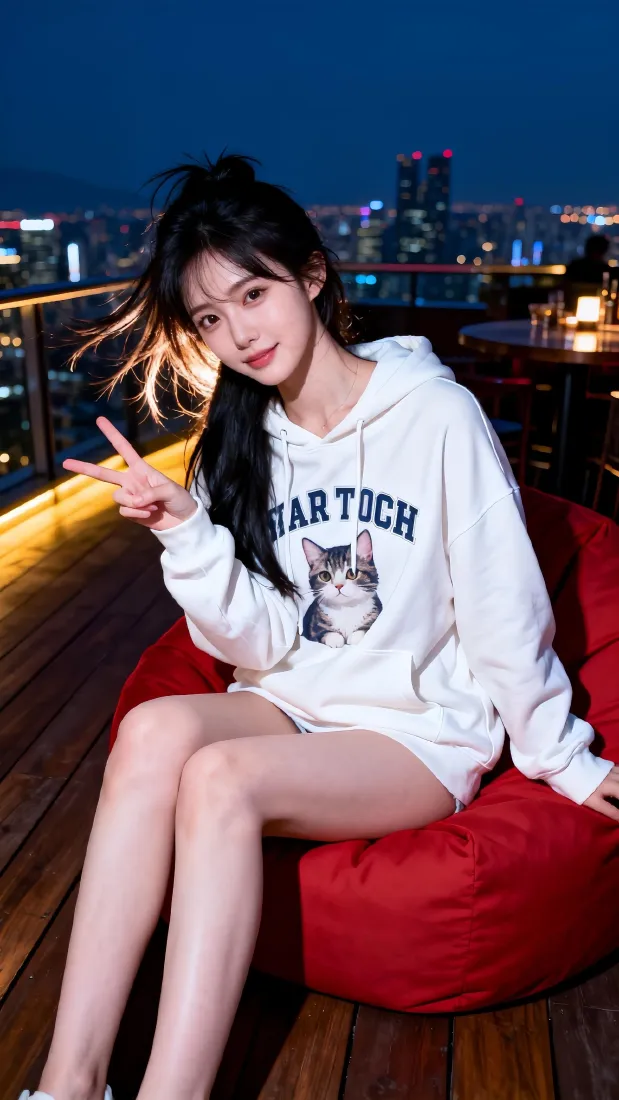 甜美少女手机壁纸｜城市露台夜景背景图片 - 穿白卫衣比耶「哲风壁纸」