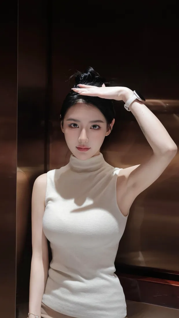 气质美女手机壁纸｜无袖高领穿搭背景图片 - 电梯氛围感拍照「哲风壁纸」