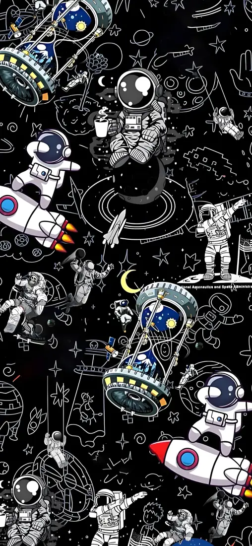 创意太空手机壁纸｜宇航员火箭沙漏背景图片 - 黑白科幻手绘「哲风壁纸」