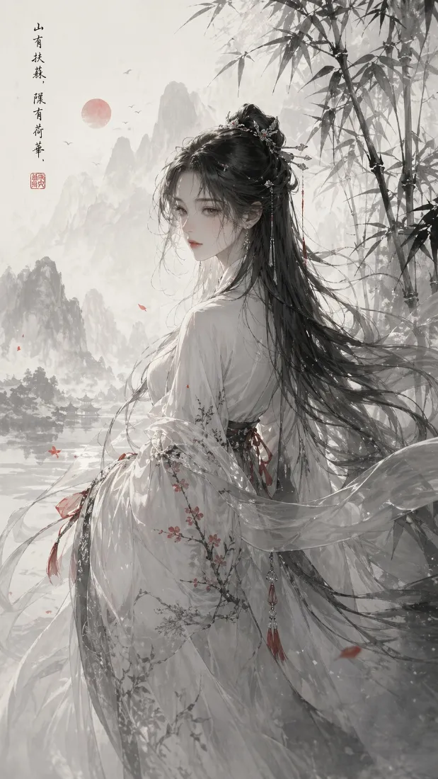 古风仙气白衣少女手机壁纸｜水墨山水背景图片 - 国风二次元插画「哲风壁纸」