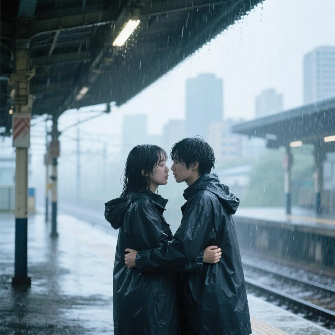 雨中情侣手机壁纸｜雨天车站站台背景图片 - 浪漫相拥恋人「哲风壁纸」