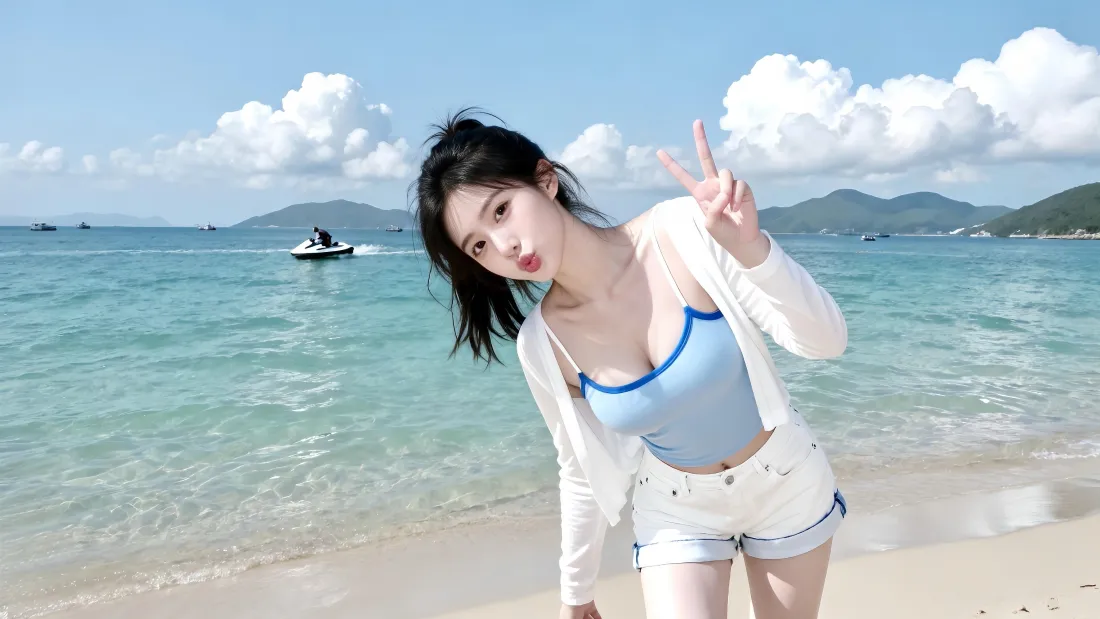 4k海边甜美少女壁纸｜碧海蓝天背景图片 - 夏日度假「哲风壁纸」