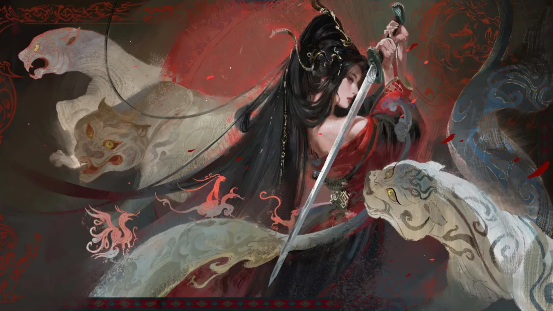 4k古风红衣持剑女侠壁纸｜白虎国风背景图片 - 玄幻插画「哲风壁纸」
