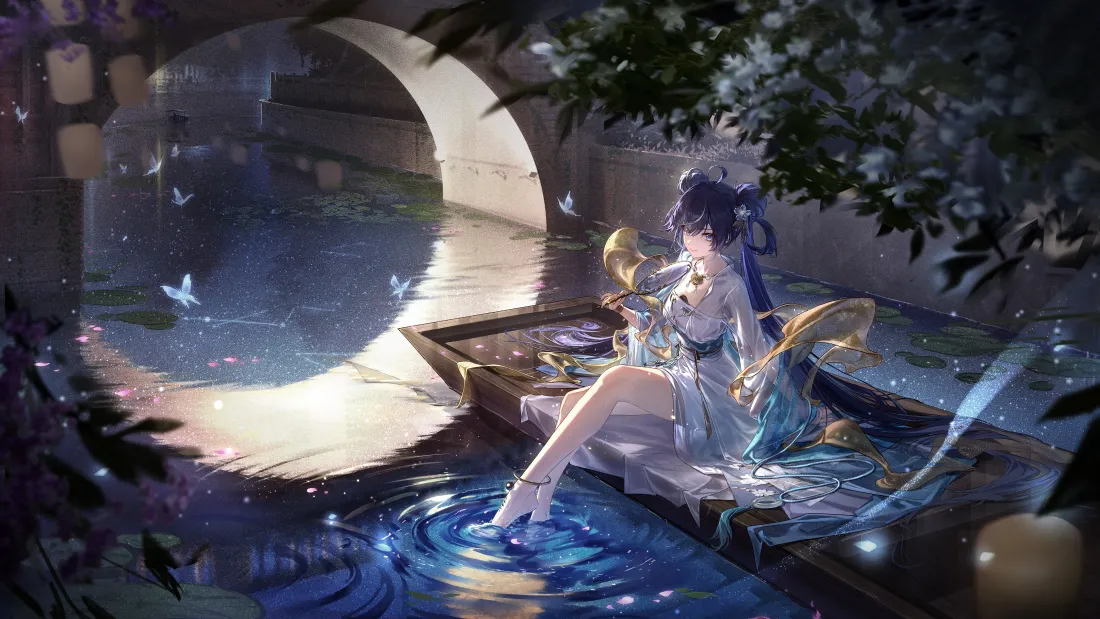 4k古风蓝裙少女壁纸｜月夜水景背景图片 - 高清电脑「哲风壁纸」