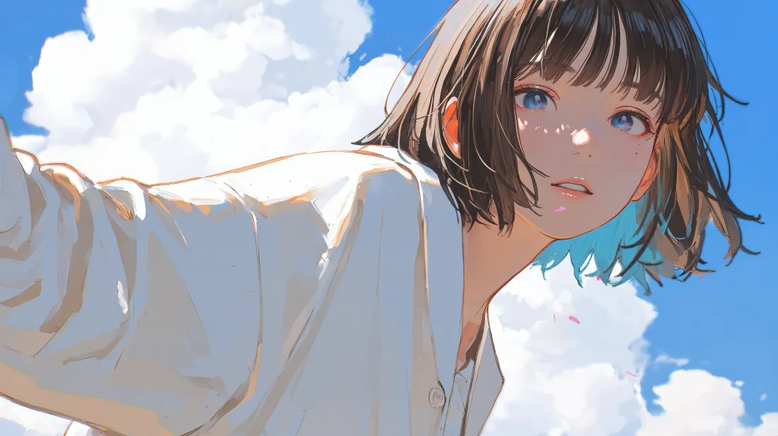 4k短发动漫少女壁纸｜蓝天白云背景图片 - 清新日系插画「哲风壁纸」