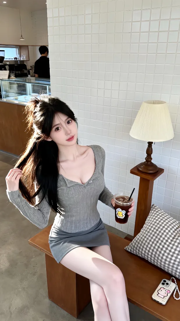 长发美女手机壁纸｜咖啡店休闲背景图片 - 灰色紧身裙穿搭「哲风壁纸」