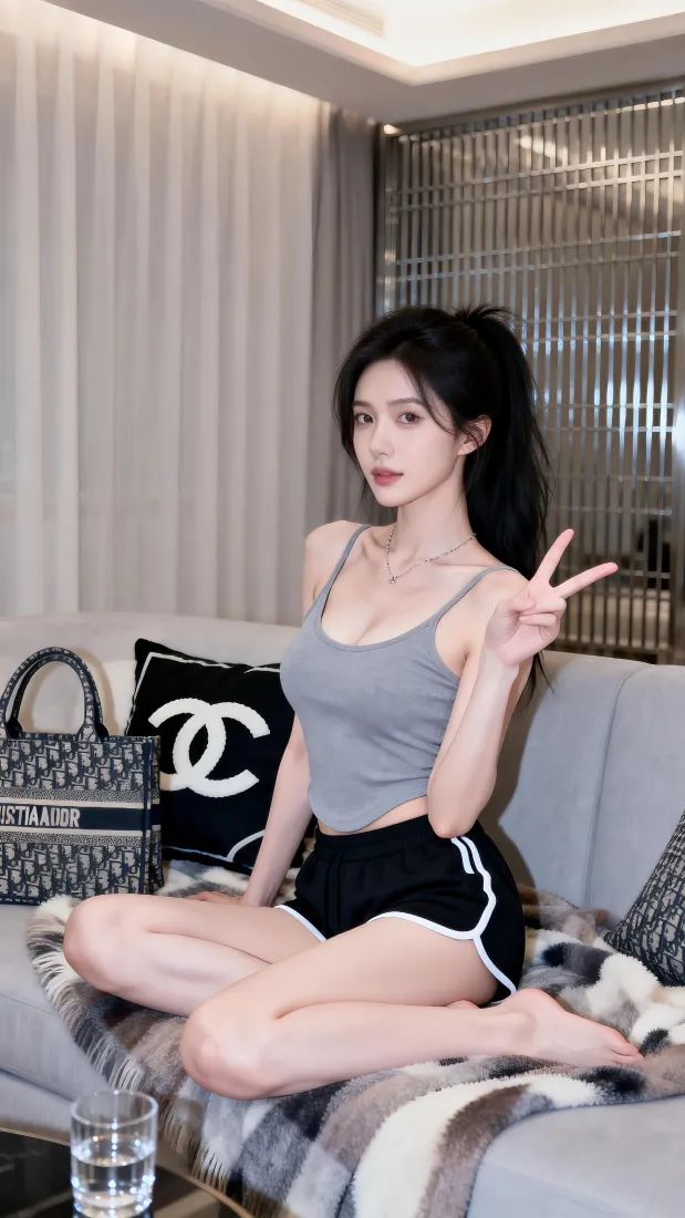 高马尾美女手机壁纸｜居家沙发背景图片 - 休闲穿搭写真「哲风壁纸」