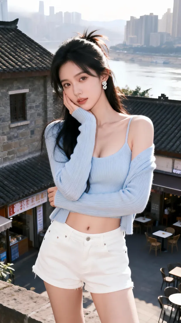 清纯美女手机壁纸｜临江古街背景图片 - 时尚穿搭「哲风壁纸」