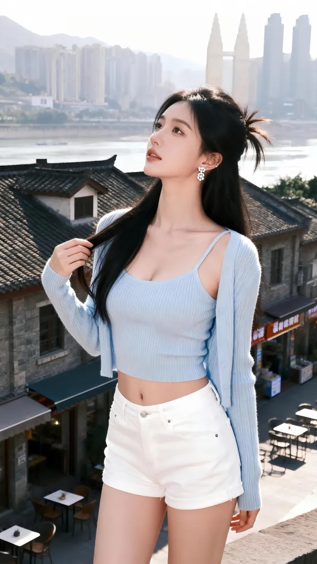 气质美女手机壁纸｜临江古街城市背景图片 - 清新时尚穿搭「哲风壁纸」