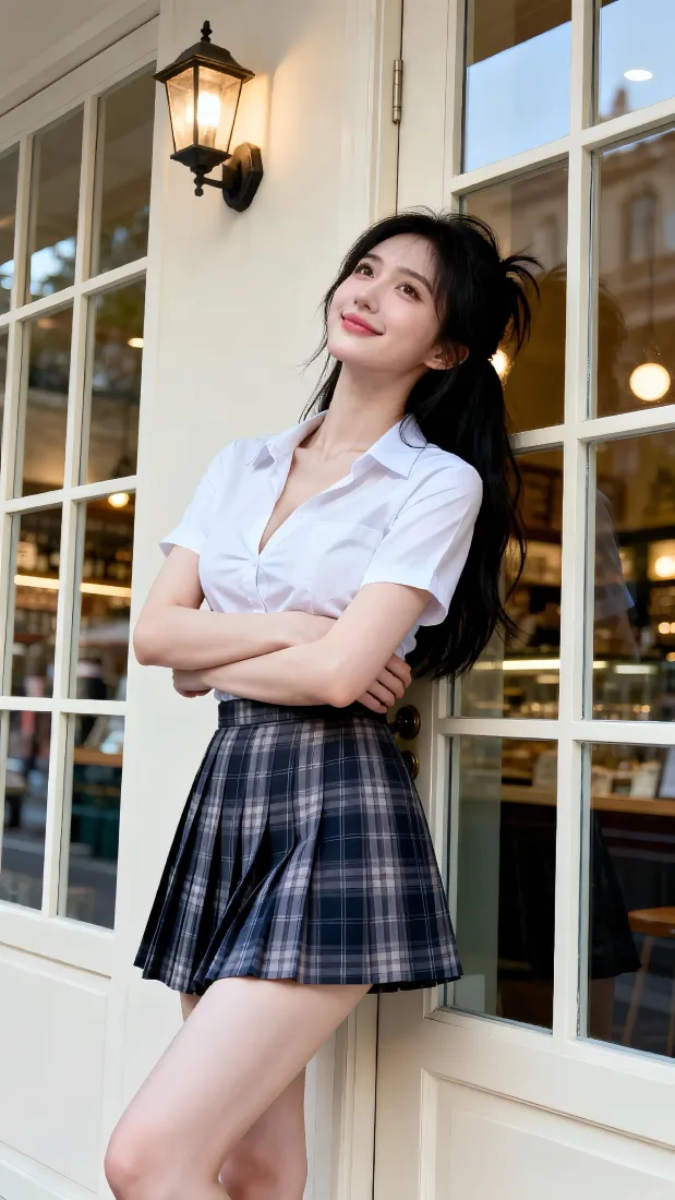 高马尾JK美女手机壁纸｜清新街景背景图片 - 甜美穿搭「哲风壁纸」