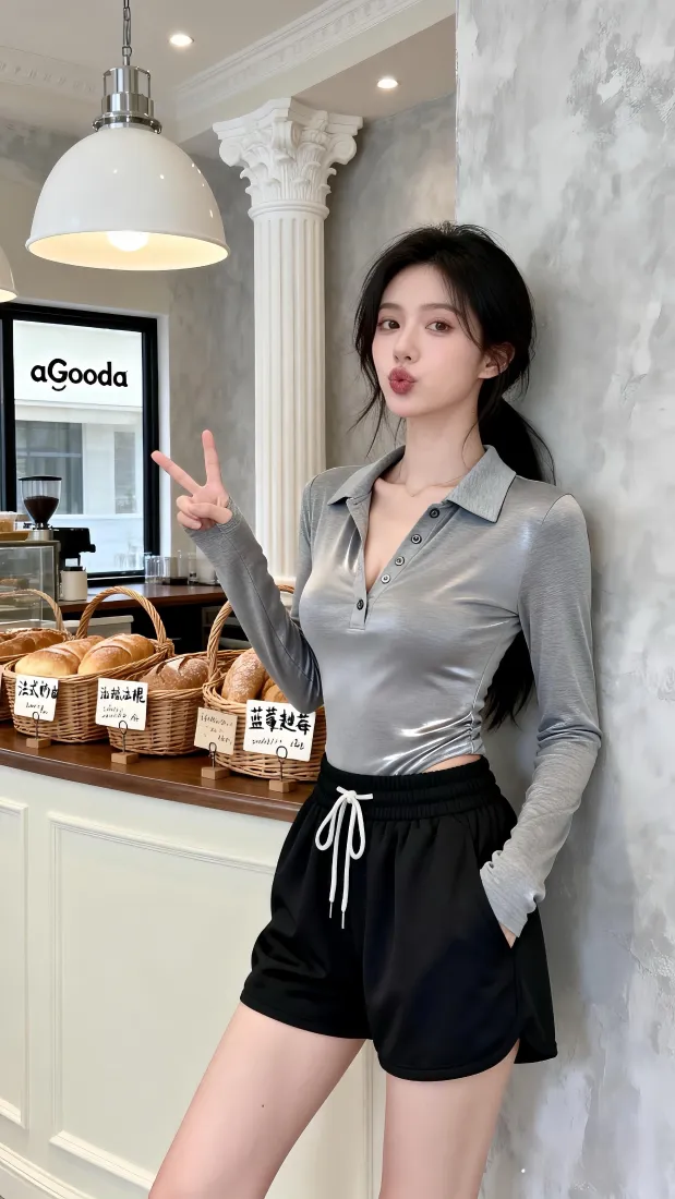 高马尾美女手机壁纸｜面包店内背景图片 - 休闲穿搭写真「哲风壁纸」