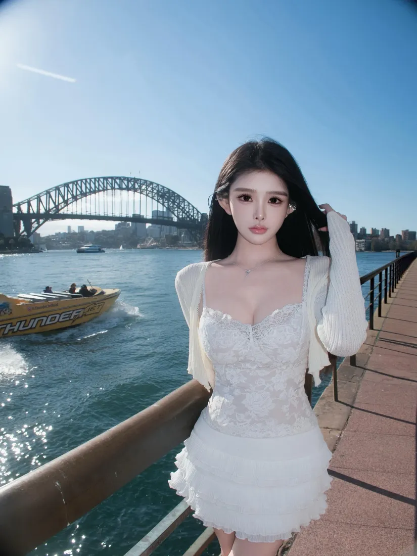 白裙美女手机壁纸｜悉尼海港背景图片 - 清新海边写真「哲风壁纸」