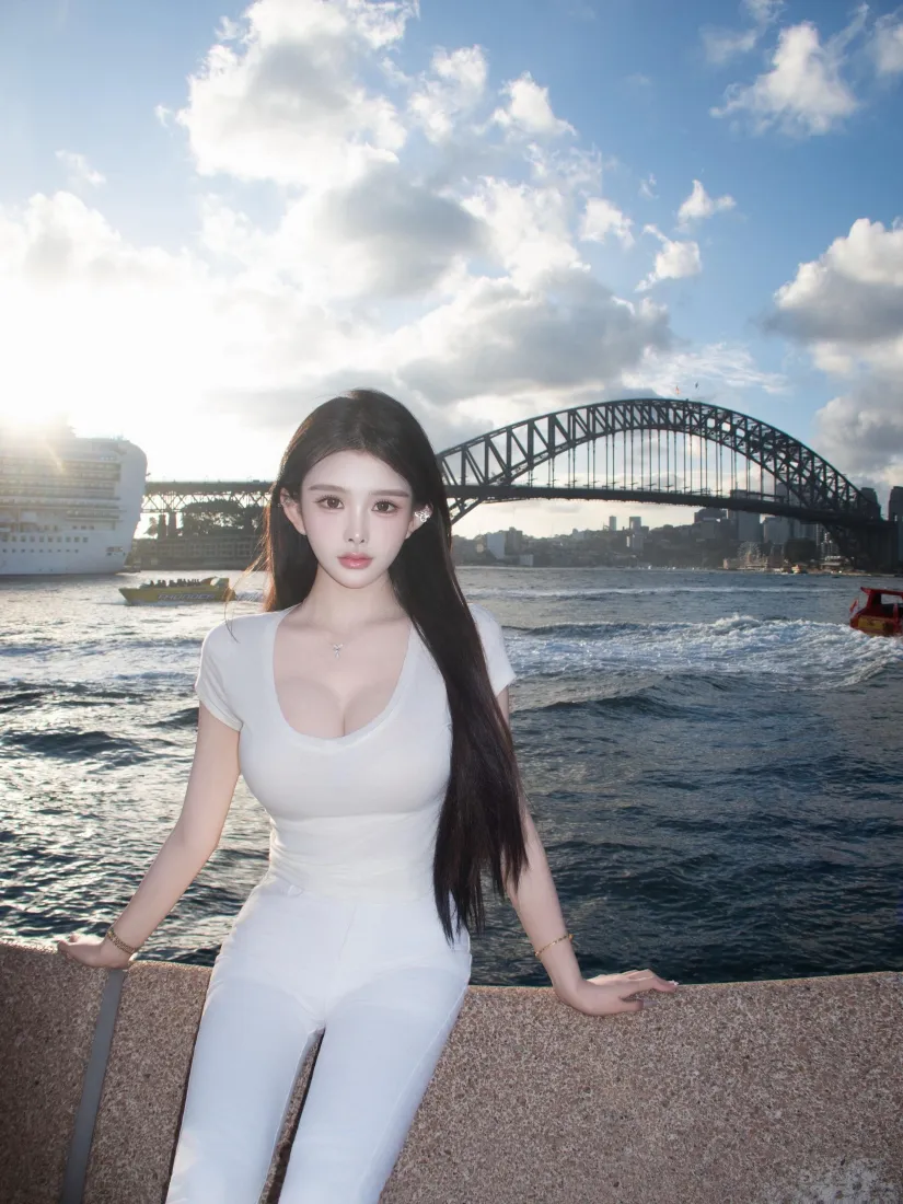 白衣美女手机壁纸｜悉尼海港背景图片 - 海边休闲风「哲风壁纸」