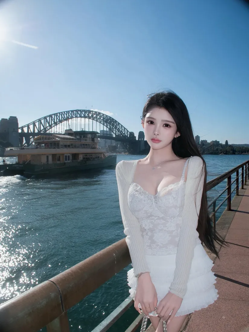悉尼海港大桥美女手机壁纸｜海边码头背景图片 - 白裙穿搭「哲风壁纸」