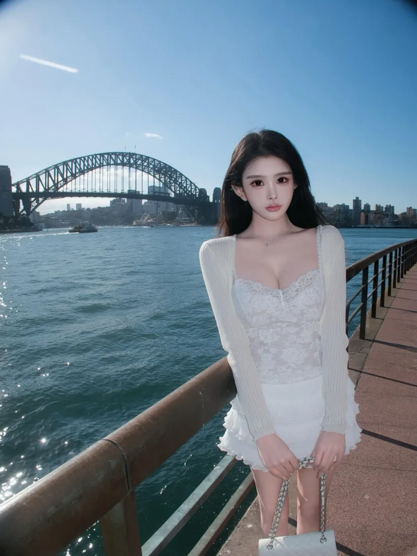 白裙美女手机壁纸｜悉尼海港大桥背景图片 - 海边清新氛围感「哲风壁纸」