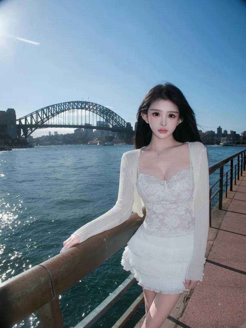 悉尼大桥白衣美女手机壁纸｜海边城市背景图片 - 气质人像「哲风壁纸」